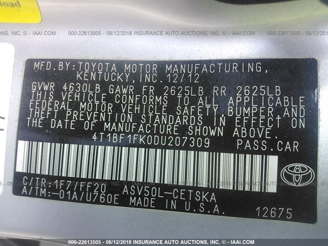 4T1BF1FK0DU207309 - 2013 TOYOTA CAMRY L/SE/LE/XLE 银色 照片 9