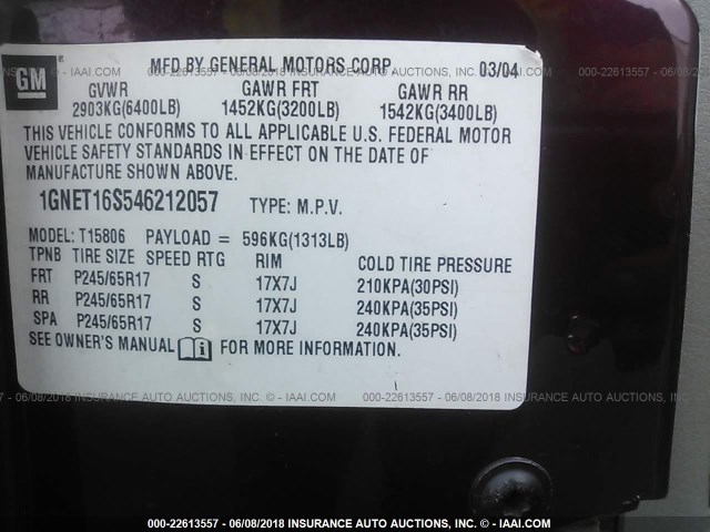 1GNET16S546212057 - 2004 CHEVROLET TRAILBLAZER EXT LS/EXT LT MAROON photo 9