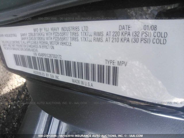 4S4BP61C287352172 - 2008 SUBARU OUTBACK 2.5I BLACK photo 9