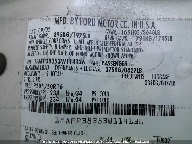 1FAFP38353W114136 - 2003 FORD FOCUS ZTS SILVER photo 9