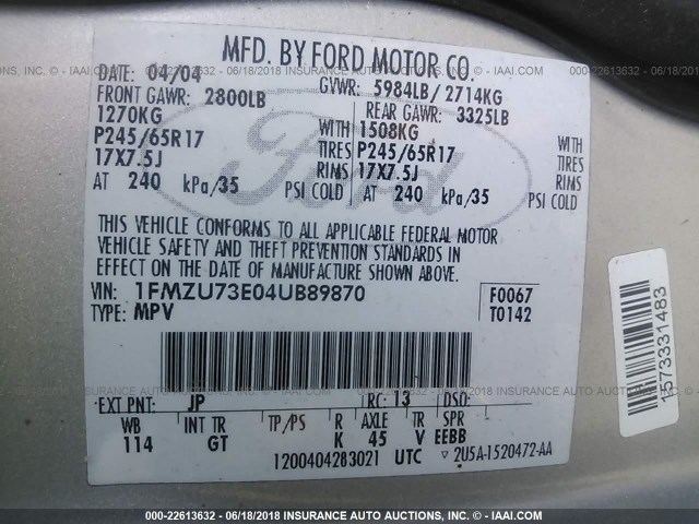 1FMZU73E04UB89870 - 2004 FORD EXPLORER XLT/XLT SPORT/NBX 银色 照片 9