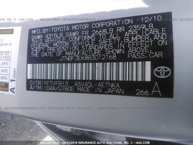 JTNBF3EK8B3012168 - 2011 TOYOTA CAMRY SE/LE/XLE SILVER photo 9