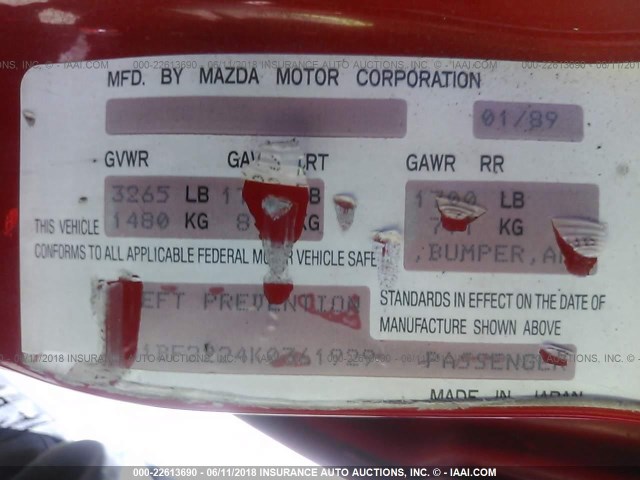 JM1BF2224K0361929 - 1989 MAZDA 323 RED photo 9