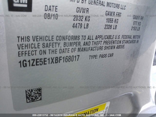 1G1ZE5E1XBF168017 - 2011 CHEVROLET MALIBU LTZ 灰色 照片 9