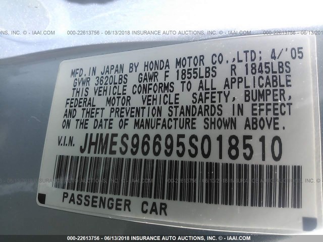 JHMES96695S018510 - 2005 HONDA CIVIC HYBRID Light Blue photo 9