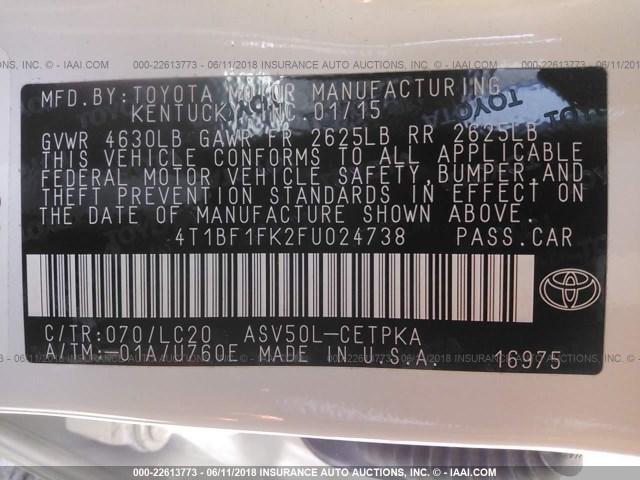 4T1BF1FK2FU024738 - 2015 TOYOTA CAMRY LE/XLE/SE/XSE WHITE photo 9