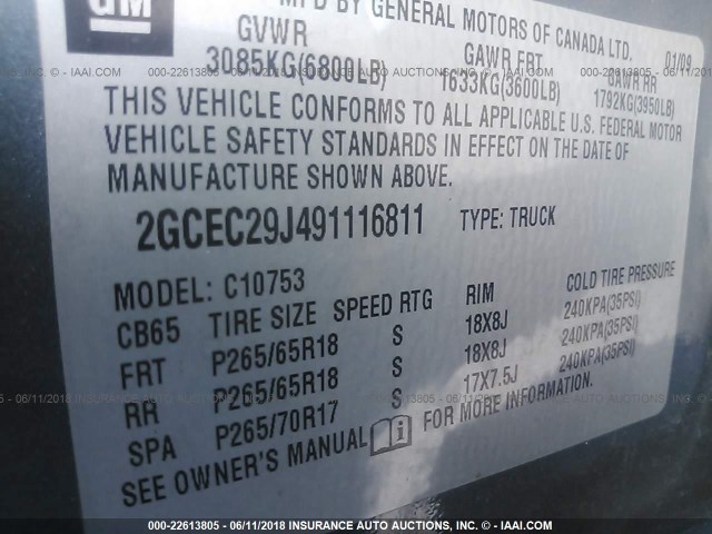 2GCEC29J491116811 - 2009 CHEVROLET SILVERADO C1500 LT GRAY photo 9