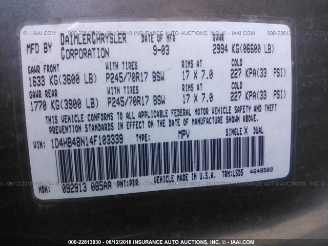 1D4HB48N14F103339 - 2004 DODGE DURANGO SLT GRAY photo 9