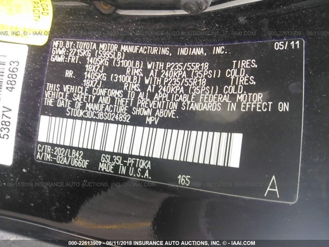 5TDDK3DC3BS024892 - 2011 TOYOTA SIENNA XLE/LIMITED BLACK photo 9