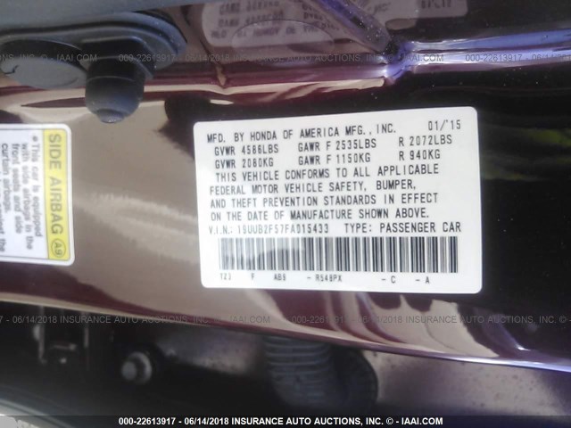 19UUB2F57FA015433 - 2015 ACURA TLX TECH MAROON photo 9