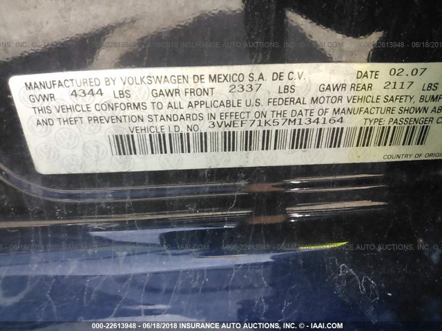 3VWEF71K57M134164 - 2007 VOLKSWAGEN JETTA WOLFSBURG 黑色 照片 9