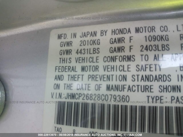 JHMCP26828C079360 - 2008 HONDA ACCORD EXL SILVER photo 9