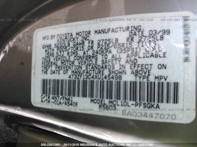 4T3ZF13C4XU145498 - 1999 TOYOTA SIENNA LE/XLE GOLD photo 9