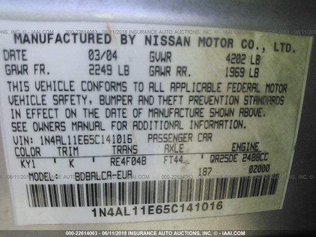 1N4AL11E65C141016 - 2005 NISSAN ALTIMA S/SL SILVER photo 9