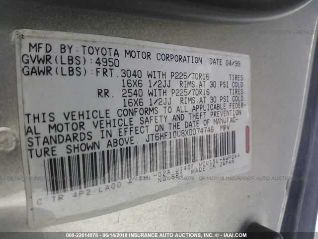 JT6HF10U8X0074746 - 1999 LEXUS RX 300 GOLD photo 9