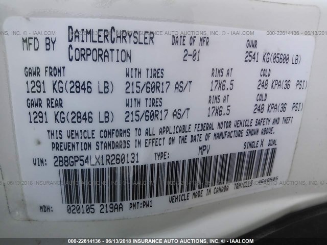 2B8GP54LX1R260131 - 2001 DODGE GRAND CARAVAN ES WHITE photo 9