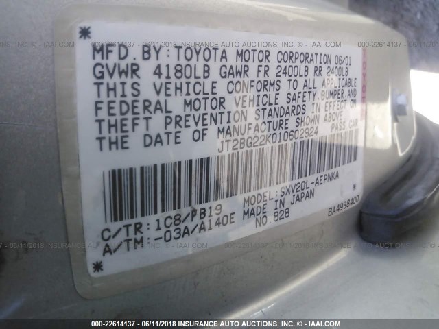 JT2BG22K010602924 - 2001 TOYOTA CAMRY CE/LE/XLE SILVER photo 9