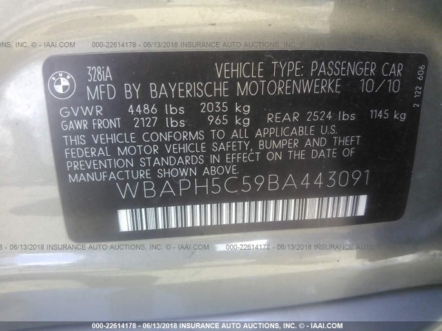 WBAPH5C59BA443091 - 2011 BMW 328 I SULEV GOLD photo 9