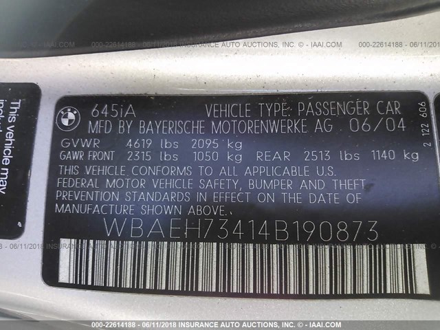WBAEH73414B190873 - 2004 BMW 645 CI AUTOMATIC CREAM photo 9