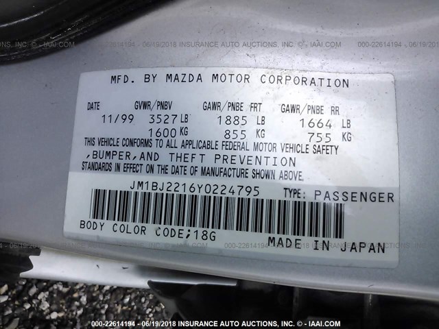JM1BJ2216Y0224795 - 2000 MAZDA PROTEGE ES SILVER photo 9