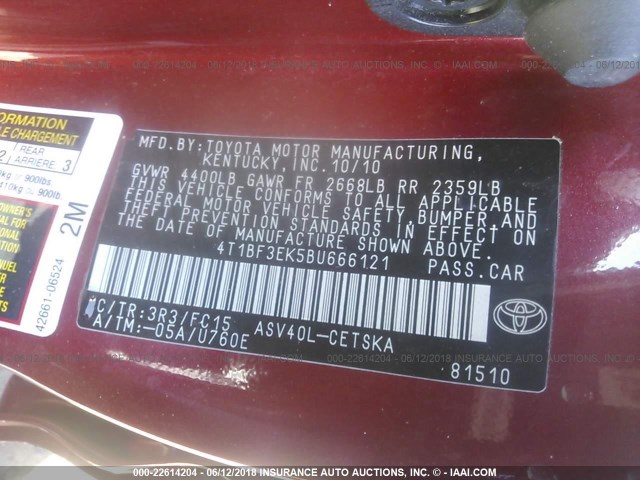 4T1BF3EK5BU666121 - 2011 TOYOTA CAMRY SE/LE/XLE წითელი ფოტო 9