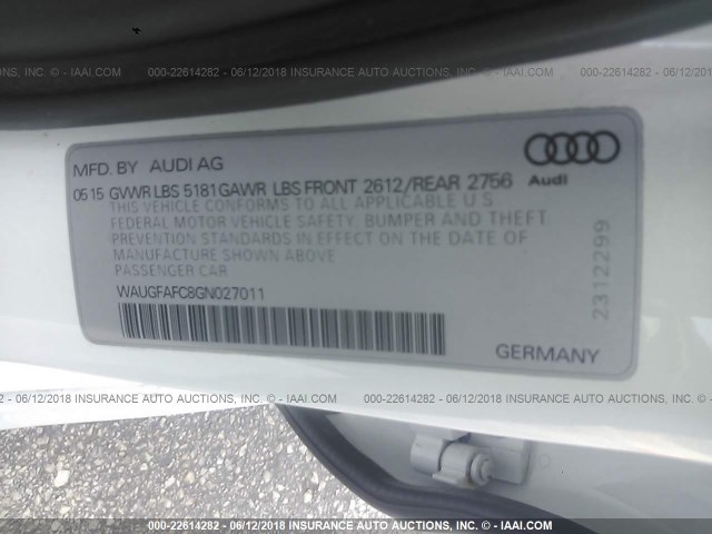 WAUGFAFC8GN027011 - 2016 AUDI A6 PREMIUM PLUS WHITE photo 9