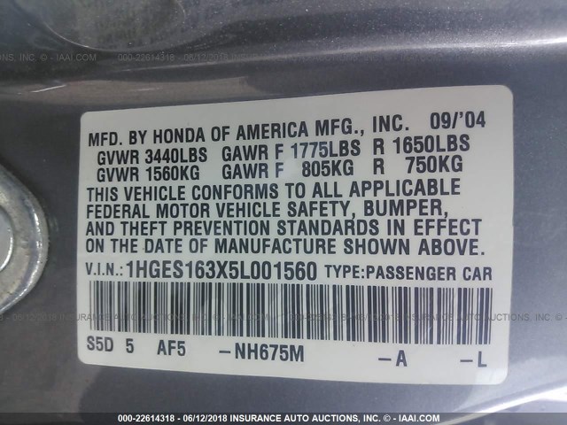 1HGES163X5L001560 - 2005 HONDA CIVIC DX VP GRAY photo 9