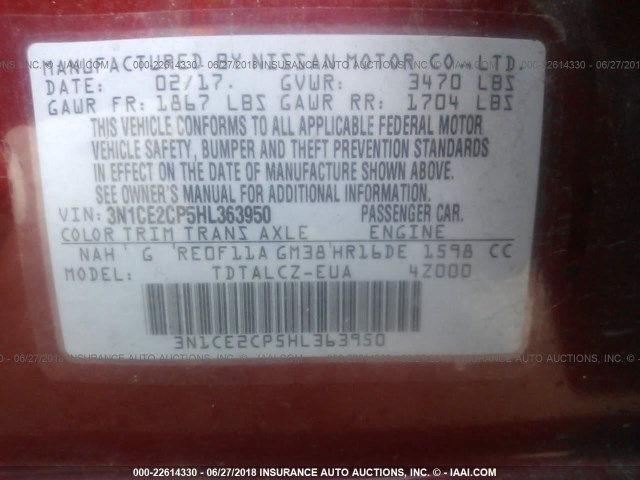 3N1CE2CP5HL363950 - 2017 NISSAN VERSA NOTE S/S PLUS/SV/SL/SR RED photo 9