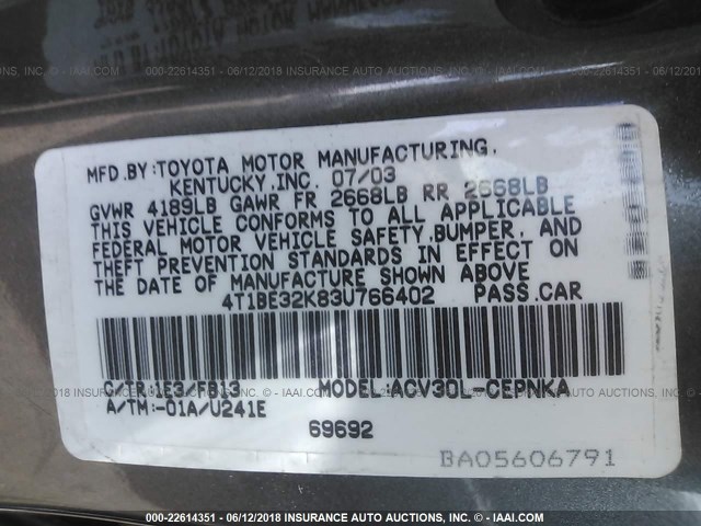 4T1BE32K83U766402 - 2003 TOYOTA CAMRY LE/XLE/SE 灰色 照片 9