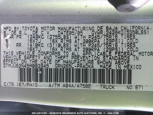 3TMJU62N45M003945 - 2005 TOYOTA TACOMA DOUBLE CAB PRERUNNER SILVER photo 9