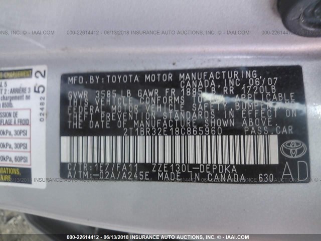 2T1BR32E18C865960 - 2008 TOYOTA COROLLA CE/LE/S GRAY photo 9