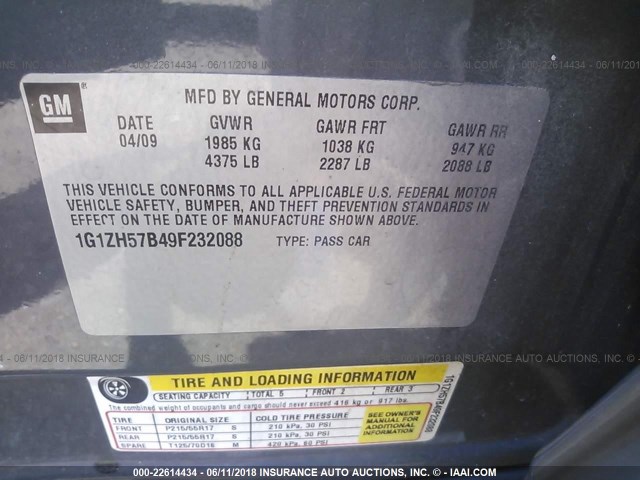 1G1ZH57B49F232088 - 2009 CHEVROLET MALIBU 1LT ნაცრისფერი ფოტო 9