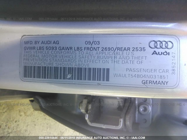 WAULT54B04N031851 - 2004 AUDI A6 3.0 QUATTRO SILVER photo 9