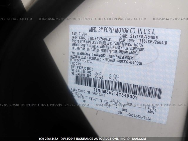 1LNHM86S14Y649002 - 2004 LINCOLN LS WHITE photo 9