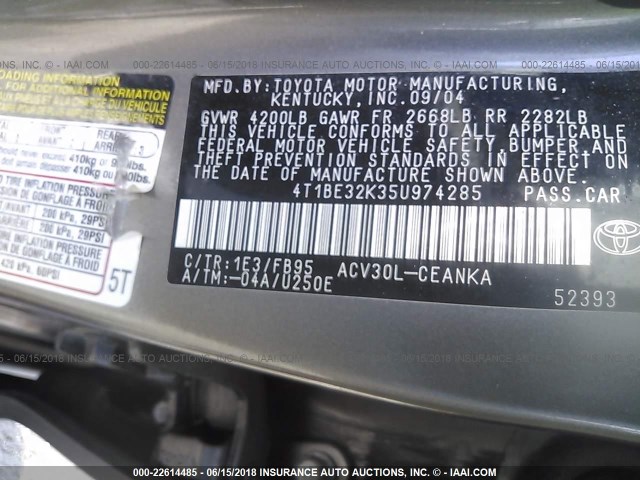 4T1BE32K35U974285 - 2005 TOYOTA CAMRY LE/XLE/SE ნაცრისფერი ფოტო 9