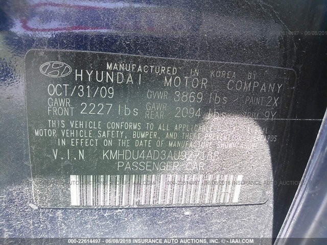 KMHDU4AD3AU927188 - 2010 HYUNDAI ELANTRA BLUE/GLS/SE BLUE photo 9