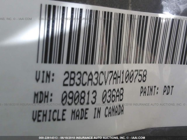 2B3CA3CV7AH100758 - 2010 DODGE CHARGER SXT GRAY photo 9