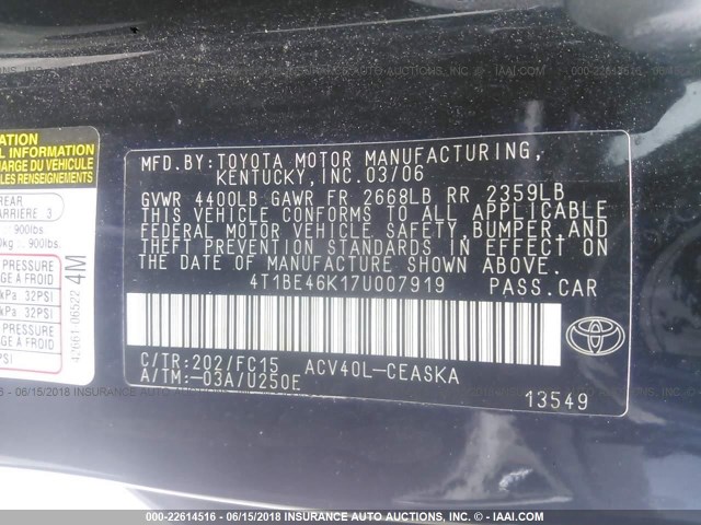 4T1BE46K17U007919 - 2007 TOYOTA CAMRY NEW GENERAT CE/LE/XLE/SE BLACK photo 9