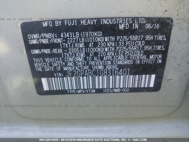 JF2GPABC1G8316401 - 2016 SUBARU CROSSTREK PREMIUM თაფლისფერი ფოტო 9