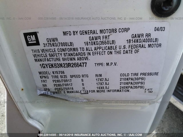 1GYEK63N23R266477 - 2003 CADILLAC ESCALADE LUXURY თეთრი ფოტო 9