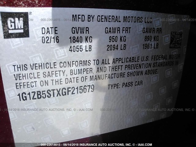 1G1ZB5STXGF215679 - 2016 CHEVROLET MALIBU LS BURGUNDY photo 9