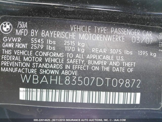 WBAHL83507DT09872 - 2007 BMW 750 I GRAY photo 9