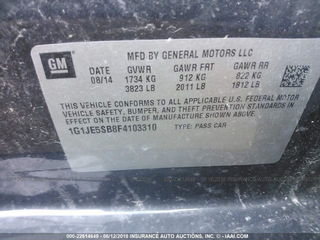 1G1JE5SB8F4103310 - 2015 CHEVROLET SONIC LTZ GRAY photo 9