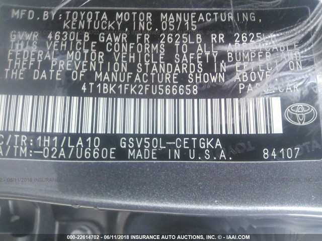 4T1BK1FK2FU566658 - 2015 TOYOTA CAMRY XSE/XLE Boz foto 9