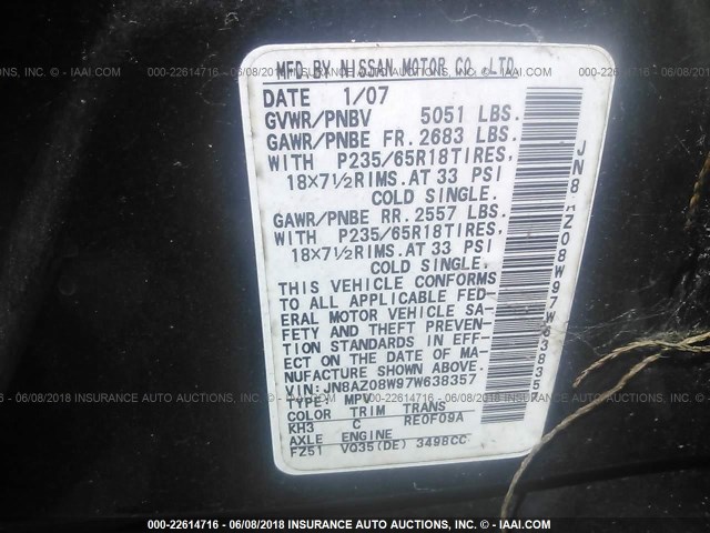 JN8AZ08W97W638357 - 2007 NISSAN MURANO SL/SE/S BLACK photo 9