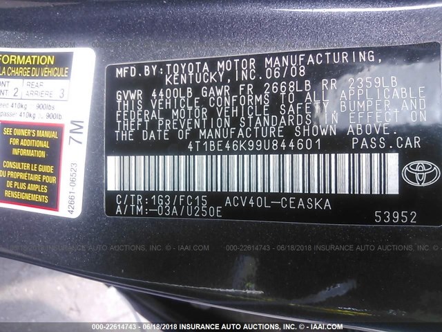 4T1BE46K99U844601 - 2009 TOYOTA CAMRY SE/LE/XLE ნაცრისფერი ფოტო 9