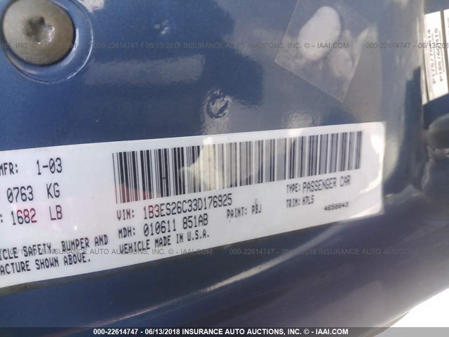 1B3ES26C33D176925 - 2003 DODGE NEON SE BLUE photo 9