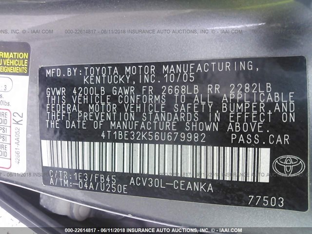 4T1BE32K56U679982 - 2006 TOYOTA CAMRY LE/XLE/SE ნაცრისფერი ფოტო 9