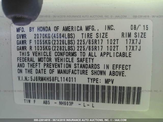 5J6RM4H58FL114011 - 2015 HONDA CR-V EX WHITE photo 9