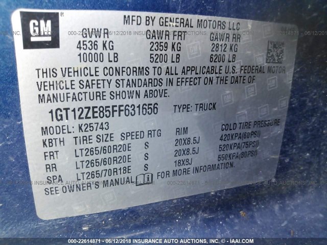 1GT12ZE85FF631656 - 2015 GMC SIERRA K2500 SLT BLUE photo 9